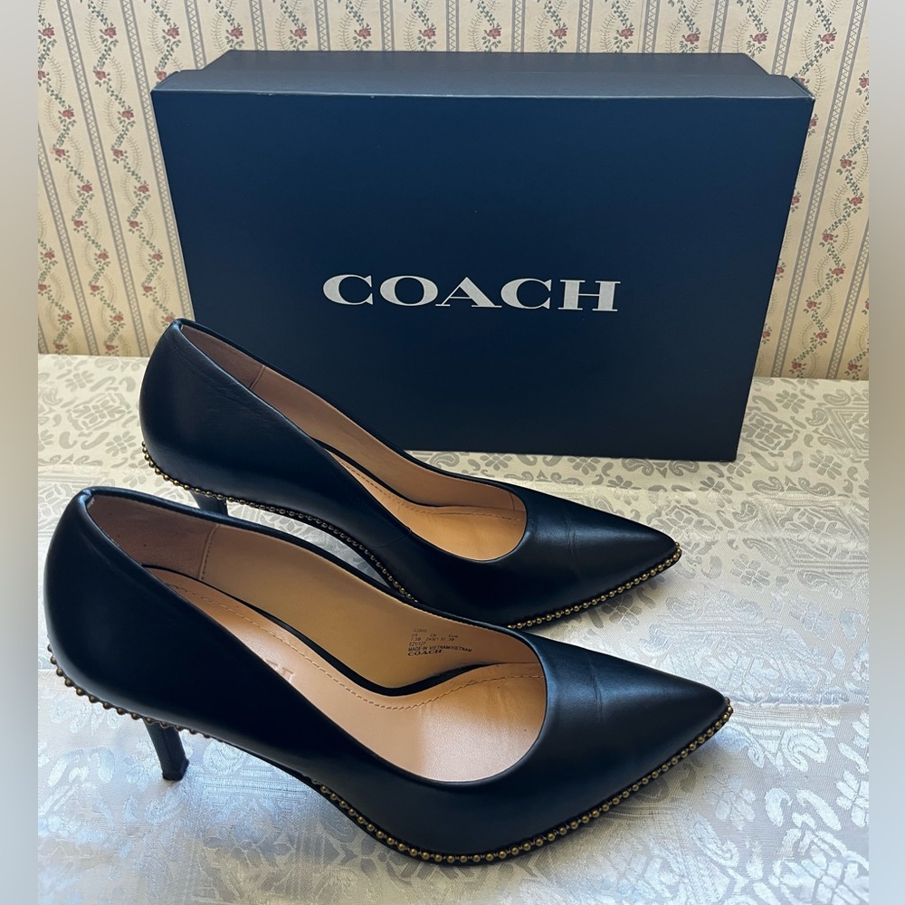 Coach Waverly Black Leather 3.5” Heels with Gold Accents